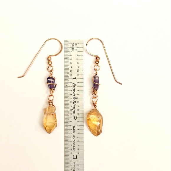 Yellow Crystal Point and Amethyst Wire Wrapped Earrings - Picture 6 of 6